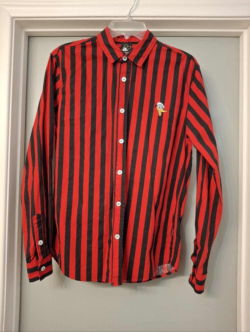 Disney X Forever 21 Red & Black Stripe Donald Duck Button Up Shirt